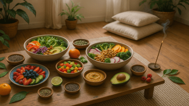 refeiçoes veganas em uma mesa muito arrumada