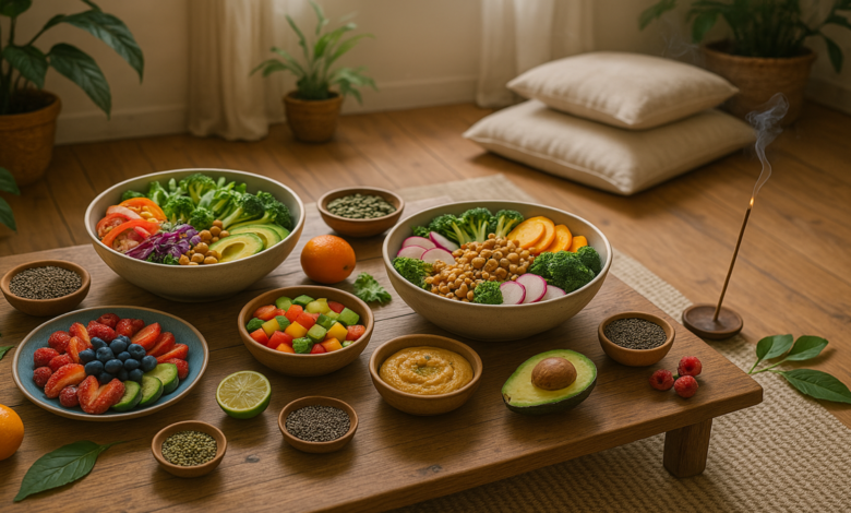 Sabores do Mundo: Explorando Culinárias Internacionais 1 refeiçoes veganas em uma mesa muito arrumada
