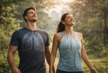 Saude respiratoria e pulmao saudavel. homem e mulher respirando