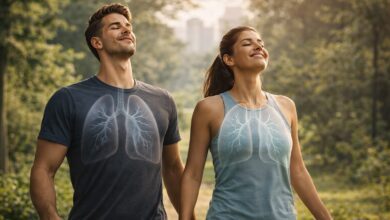 Saude respiratoria e pulmao saudavel. homem e mulher respirando