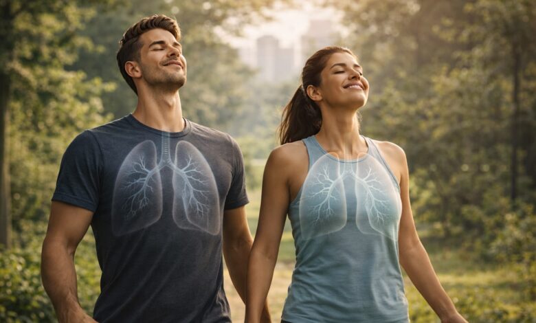 Saude respiratoria e pulmao saudavel. homem e mulher respirando